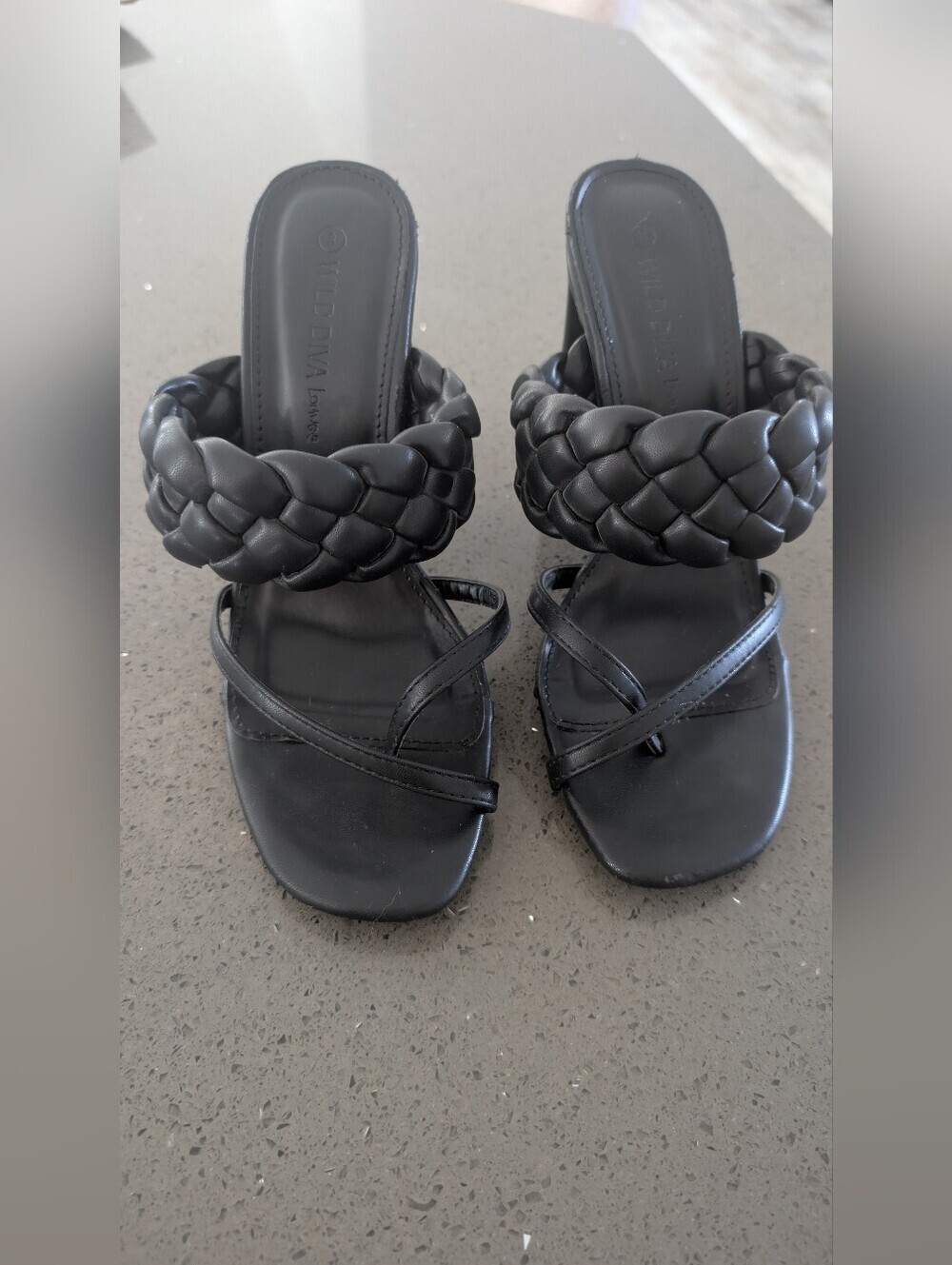DIVA Lounge Black Braided Strap Square-Toe Heeled Sandals